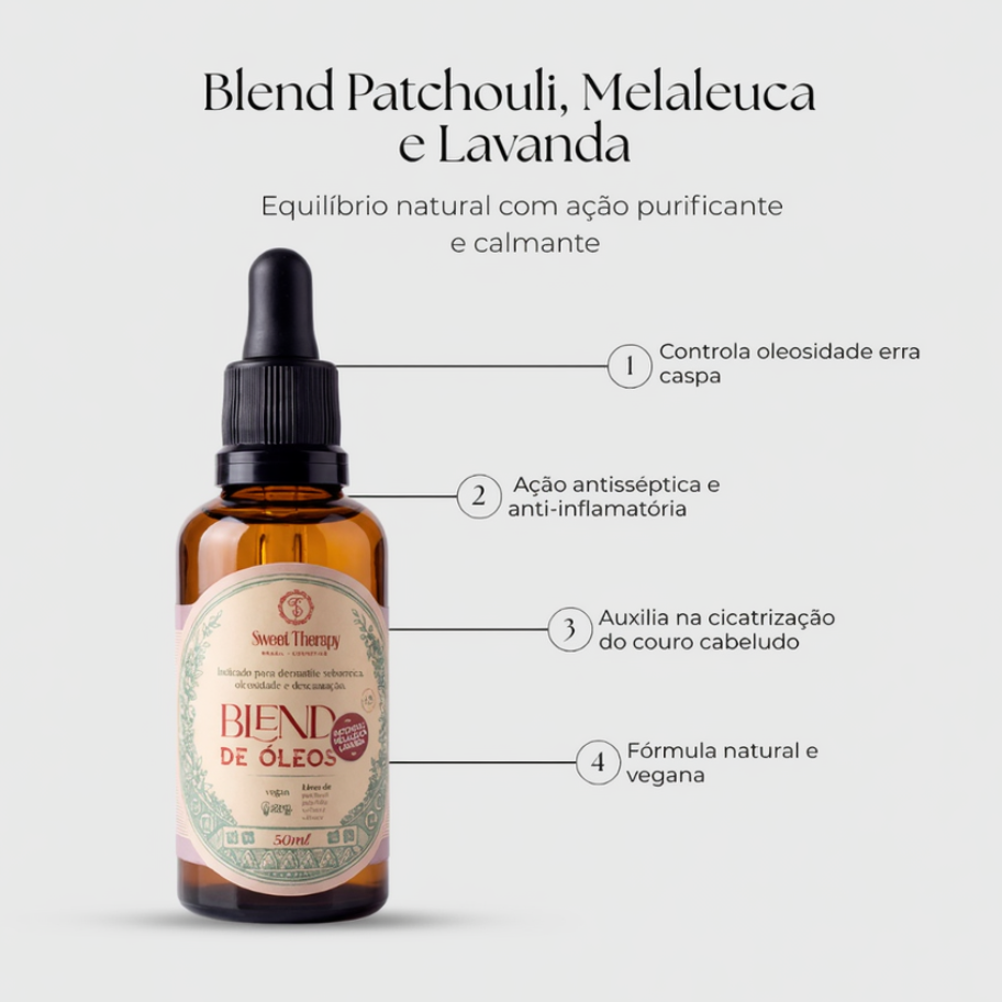 Blend de Óleos Essenciais Patchouli, Melaleuca e Lavanda 50ml – Tratamento Natural para Caspa, Oleosidade e Coceira no Couro Cabeludo