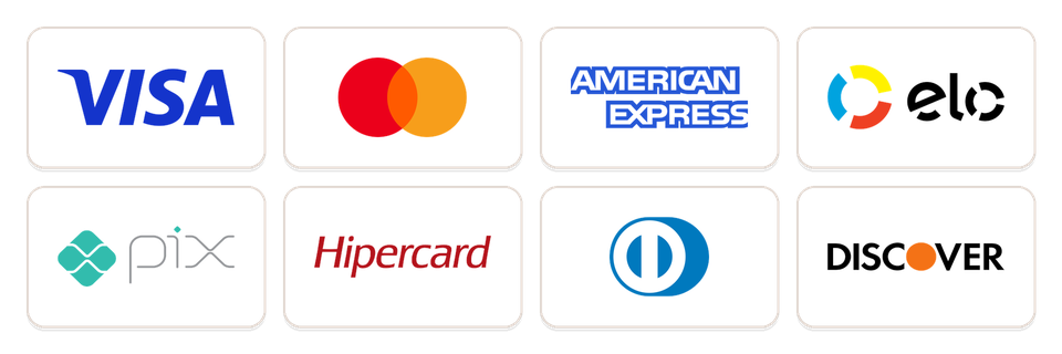 Formas de pagamento: Visa, Mastercard, American Express, Elo, Pix, Hipercard, Diners Club, Discover
